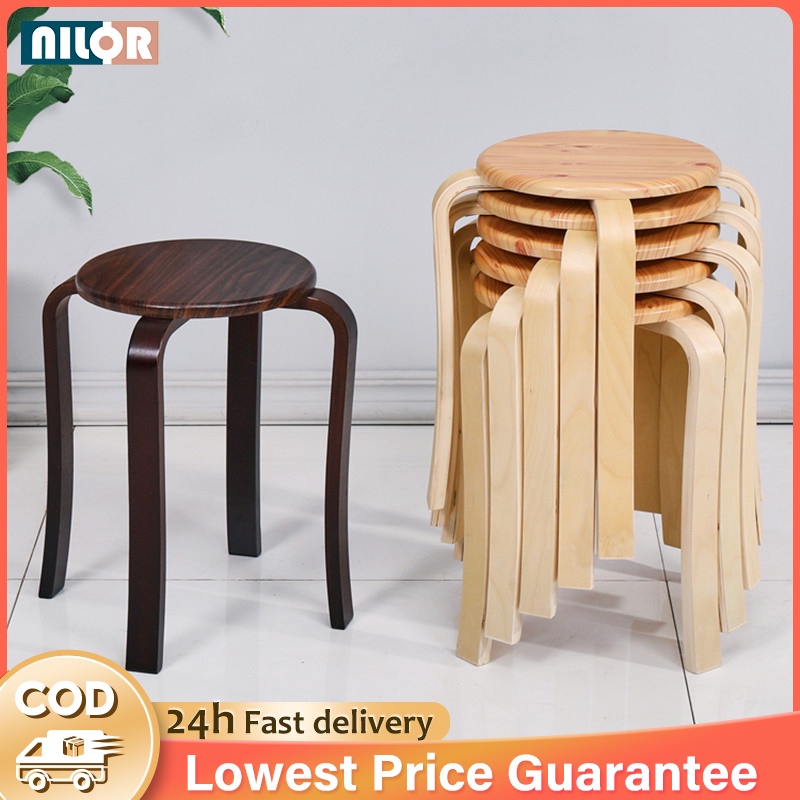 NR Wood Stool Chair Stackable Round Stool Chair Bangku Creative Curve Wooden Chair Kayu kerusi kecil Kayu bulat 凳子