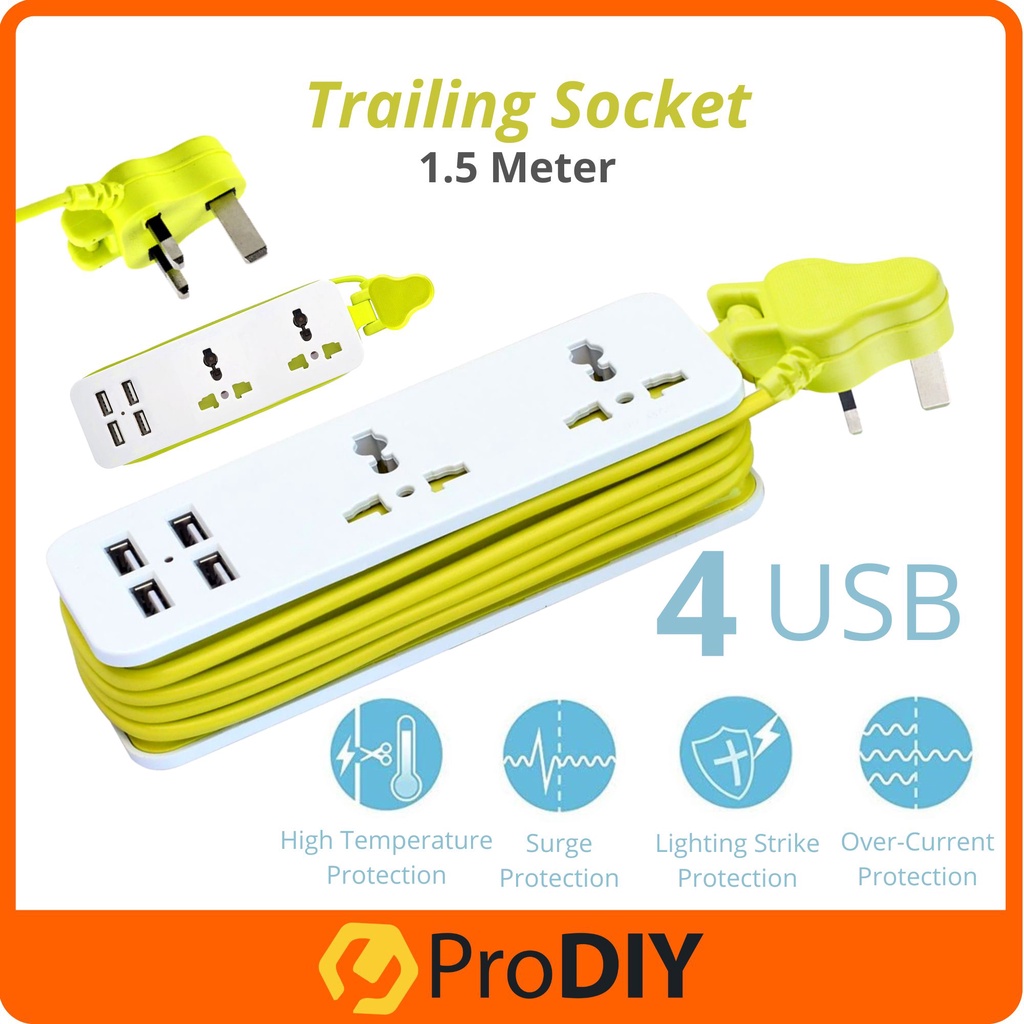 PRODIY 2G 4 USB 1.5M Trailing Socket Extension Plug With USB Extension