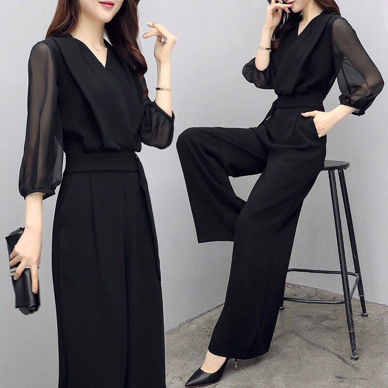 Black Casual Jumpsuit Women's Three-Quarter Sleeve High Waist Classy Wide-Leg Pants Set 高腰七分袖连衣裤修身显瘦气质阔腿连体裤女