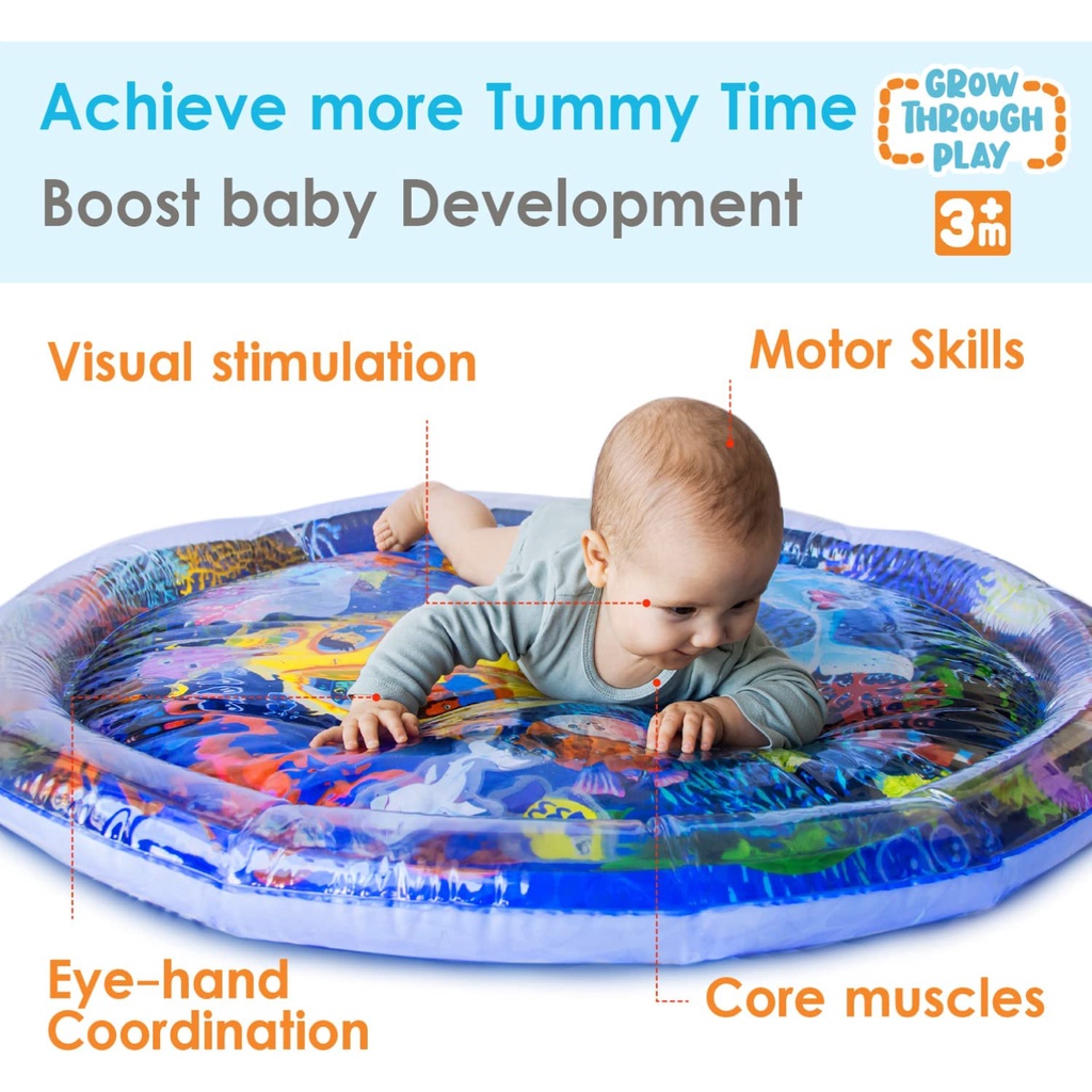 BeBe ParkPremium Tummy Time Water Play Mat ,Inflatable Activity Center Promoting Baby Motor and Sensory Development, Grow Through Play Sensory Stimulation Gift for Infants Toddlers Boys Girls,Round PlayMat,Growth Kusyen kembung Mainan