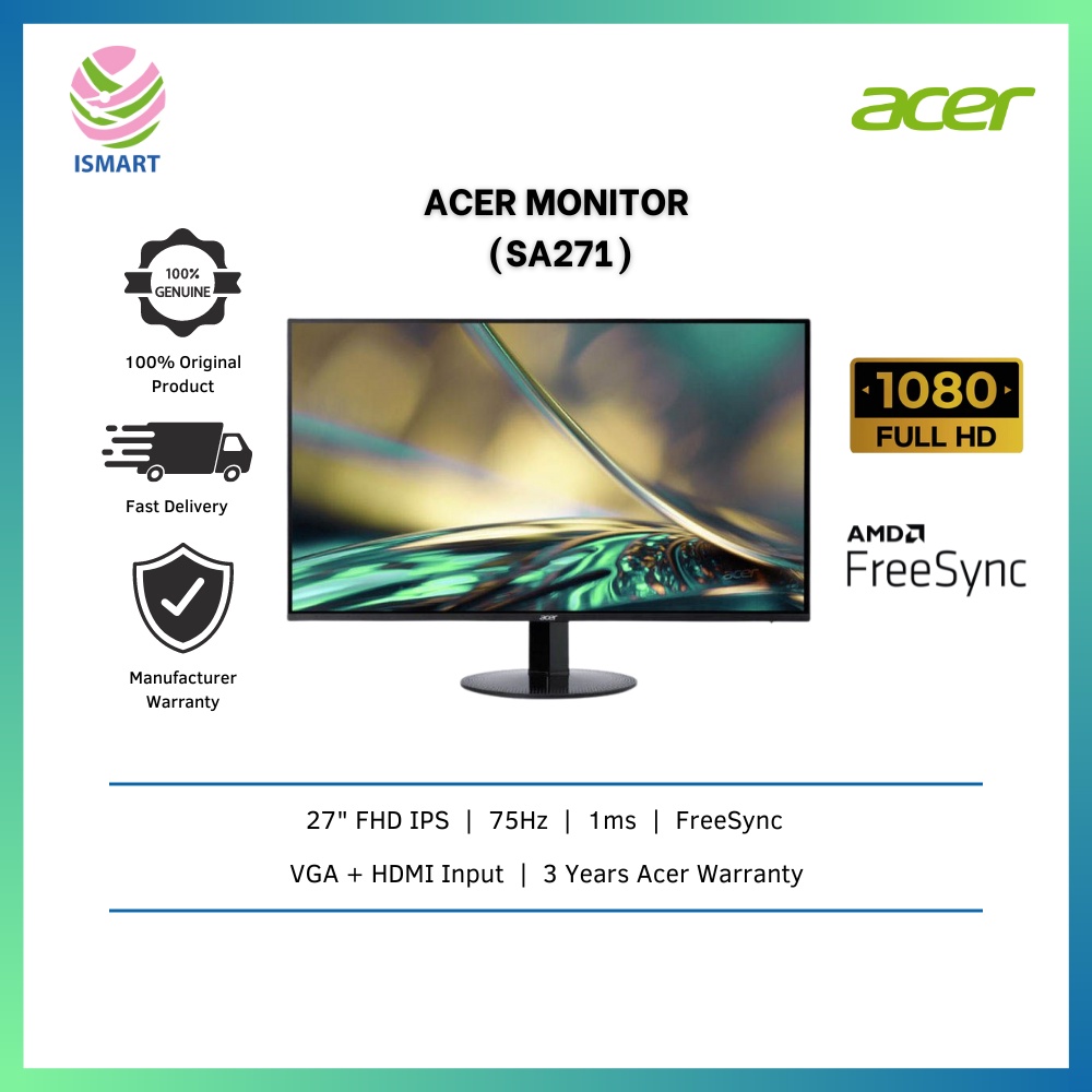 Acer SA271 27Inch FHD IPS FreeSync Zero Frame Monitor Shopee Malaysia