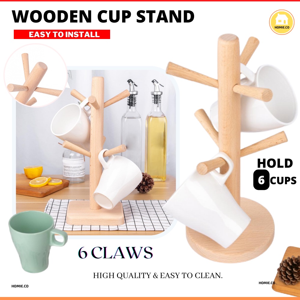 Wooden Coffee Cup Holder Tree 6 Cup Holder Stand Kitchen Hanger Wooden Mug Stand Storage Rack Rak Cawan Rak Dapur 多用途杯架