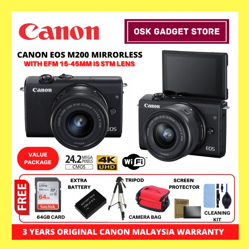 Canon EOS M200 Mirrorless Camera + EF-M 15-45mm IS STM Lens | Bundle ...