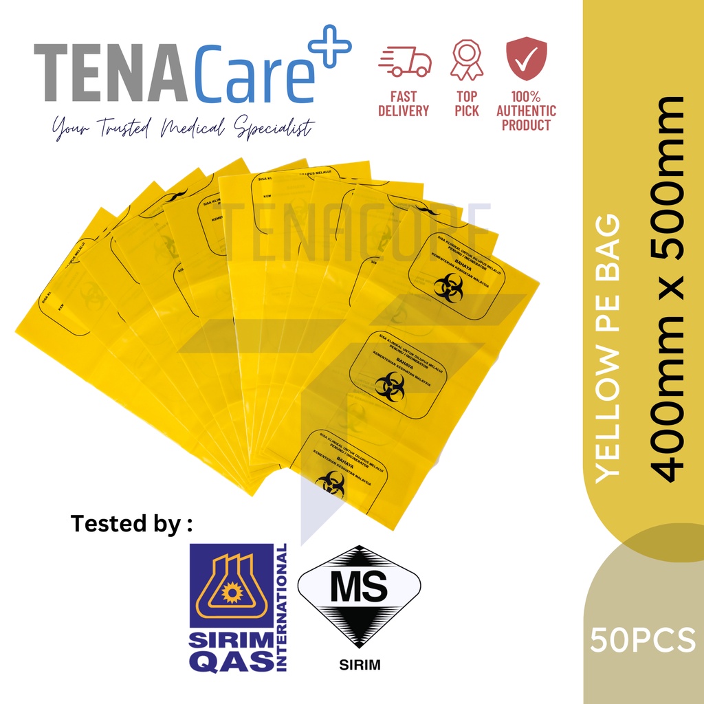 Yellow PE Bag Medical Waste Disposal Bag c/w Biohazard Logo (400mm x