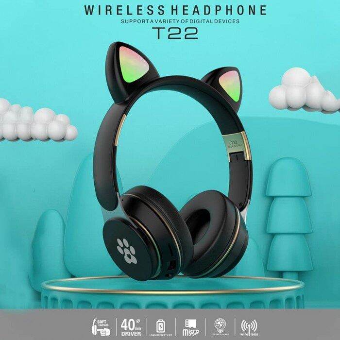 FREE GIFT T22 Premium cat ear headphone wireless headphone bluetooth LED