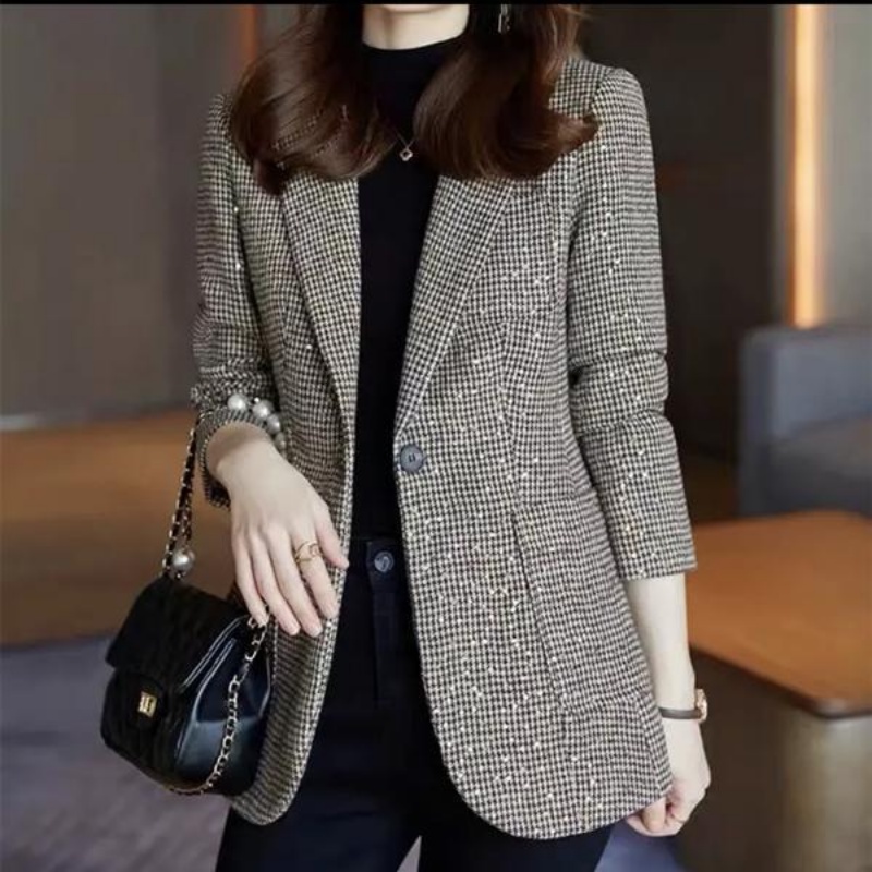 Retro Sequin Korean Jacket Woman Very Warm Women's Blazer Suits Tailoring Clothing Long Coat Fall Outfits Casual Luxury Trend