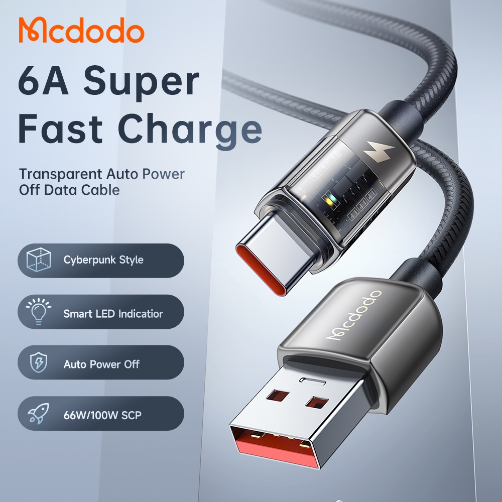 MCDODO CA-3150 100W Auto Power Off Transparent 6A Type-C USB Data Cable Super Fast Quick Charging LED Indicator