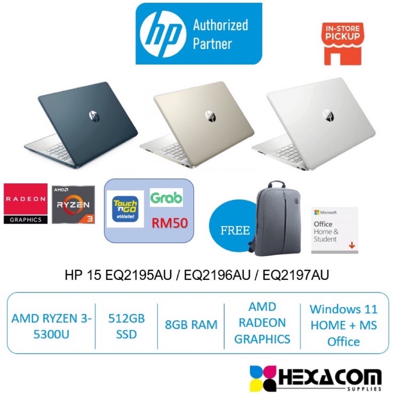 Hp Laptop 15s Eq2195au Blue Eq2196au Gold Eq2197au Silver Amd Ryzen 3 8gb Ram 512gb Ssd 8222