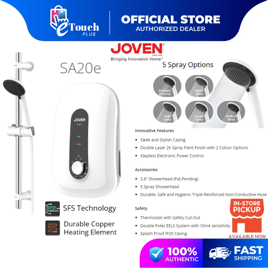 Joven SA20E / SA10E / SA8E Instant Water Heater Without Pump With Single Pole EELS System with 10mA sensitivity