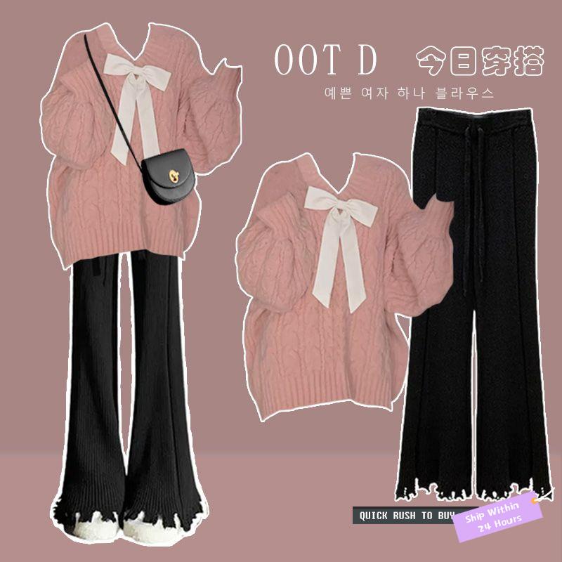 ❀Ready Stock❀ set blouse dan seluar baju wanita korean style Winter suit women's 2022 new size Korean version of sweet loose knitted sweater wide leg pants two-piece tide