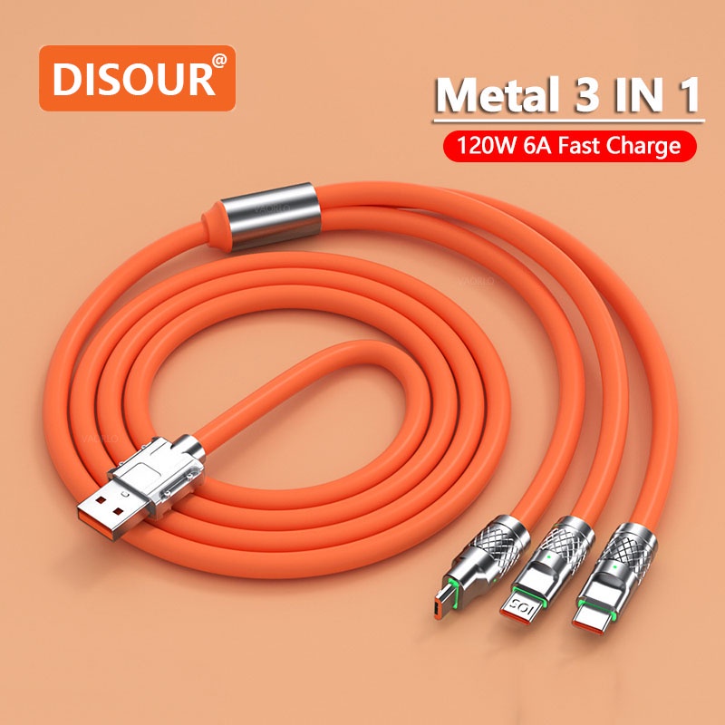 3 IN 1 Zinc Alloy Charging Cable 120W 6A Super Fast Charger USB Protecetion For Micro Type-C With Indicate Light 480 Mbps Transmission3 in 1 charger