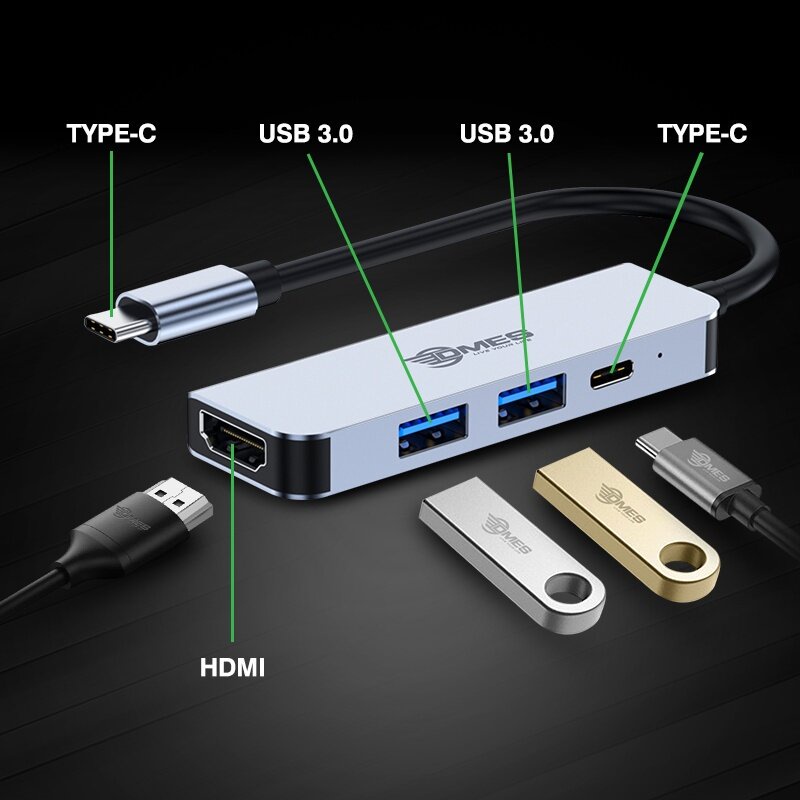 FREE GIFT DMES DH3 Type-C 4-1 Multi Function USB Hub Adapter with Expansion Port USB 3.0 x2