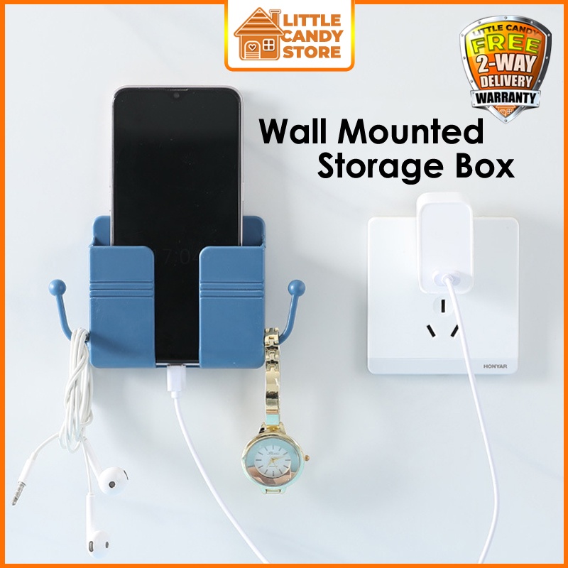 Wall Mounted Holder for Smartphone Charging & Remote Control / Dock Stand Storage Box with Hook for Key Cable Watch ETC