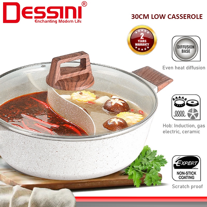 DESSINI ITALY 30CM Maifan Stone Casserole Induction Double Flavor Divider Hot Pot Steamboat Bowl Pan Cookware PERIUK