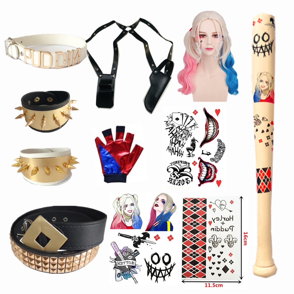 Suicide Squad Adult Kids Costume Cosplay Accessories Harley Quinn Belt Collar Holster Bracers Stockings Gloves Wig Necklace Baseball Bat All Set