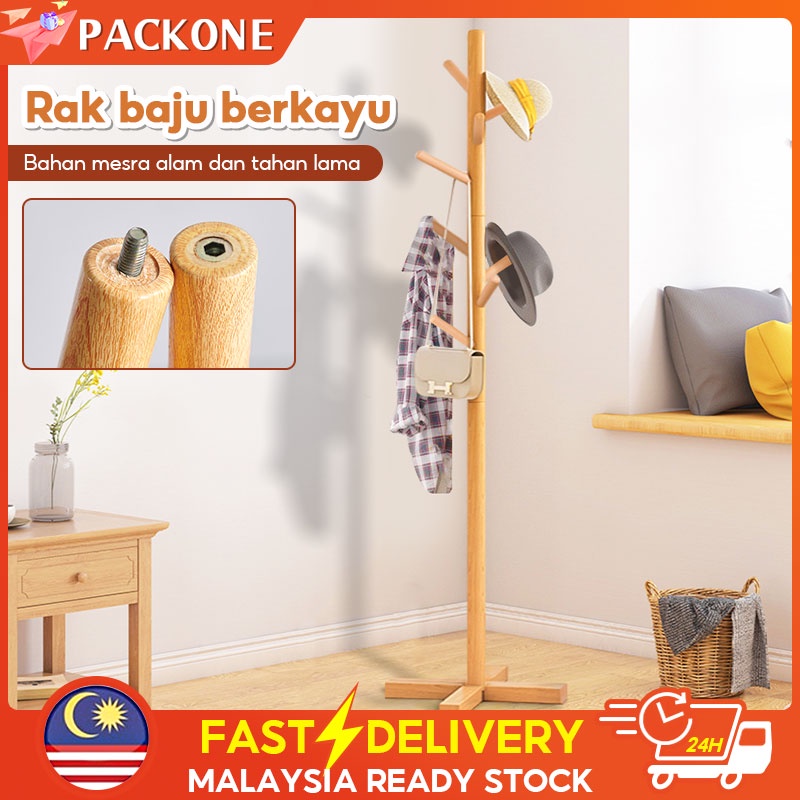 Packone Wooden Clothes Hanging Pole Rack Flat Stand Coat Hanger Clothes ...