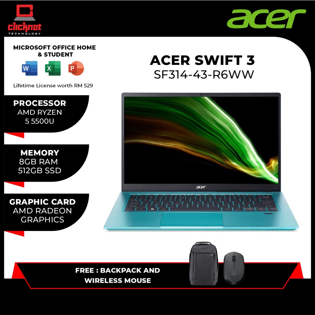 ACER SWIFT 3 SF314-43-R3R9 / SF314-43-R6WW 14'' FHD LAPTOP R5 Laptop (RYZEN 5-5500U, 8GB, 512GB, AMD Radeon, H&S)