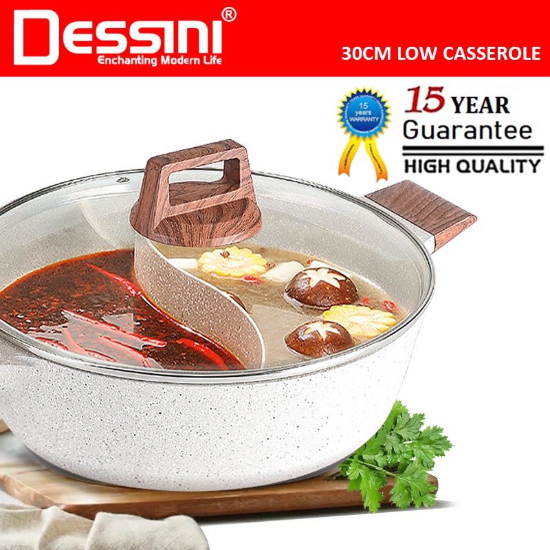 DESSINI ITALY 30CM Maifan Stone Casserole Induction Double Flavor Divider Hot Pot Steamboat Bowl Pan Cookware PERIUK