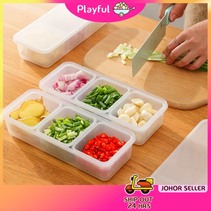 【PLAYFUL】Food Storage Container Refrigerator Fresh-keeping Box Three-grid Drain Basket Pastic Kitchen Case with Lid