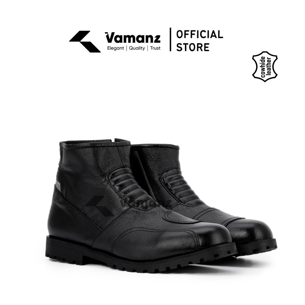 Vamanz Leather Original Cowhide Leather Mid Cut Biker Safety Boots Kasut Motor Kulit Hitam