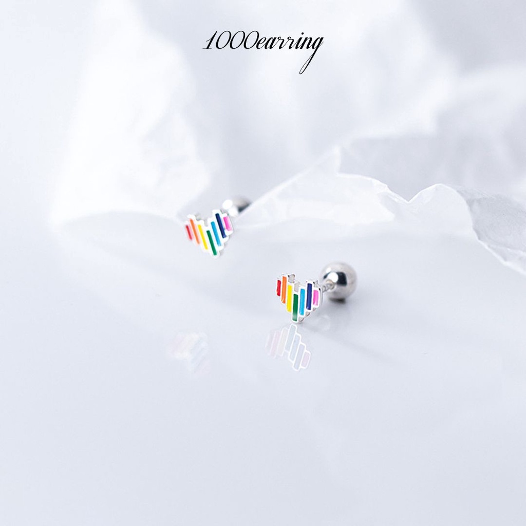 1000earring 925 Sterling Silver Rainbow Heart Barbell Earrings - Silver