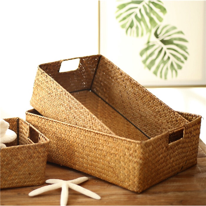 Handmade Rattan Storage Basket Woven Organizer with Handle Desktop Kitchen Shelf Home Storage Box