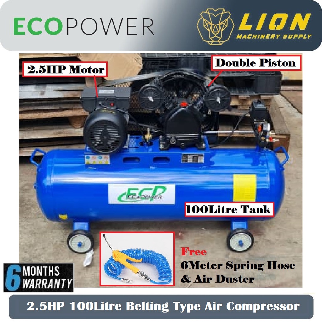 ECOPOWER Air Compressor 2.5HP 100Litre Double Piston Belting OK-2100 - Free Air duster & Spring Hose - 6 Months Warranty