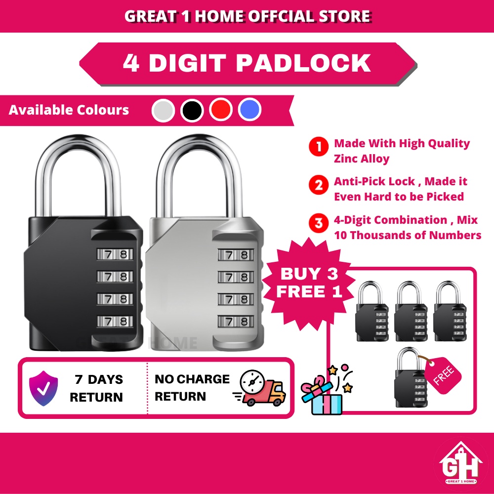 (BUY 3 FREE 1) 4 Digit Combination Travel Padlock Zinc Alloy Password ...