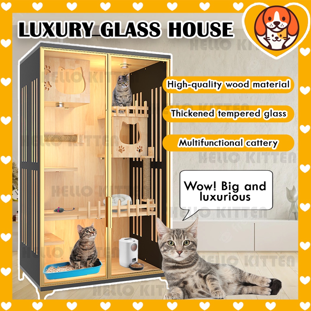 HK Premium Wood Indoor Cat Luxury Villa Cage Tempered Glass Door Extra