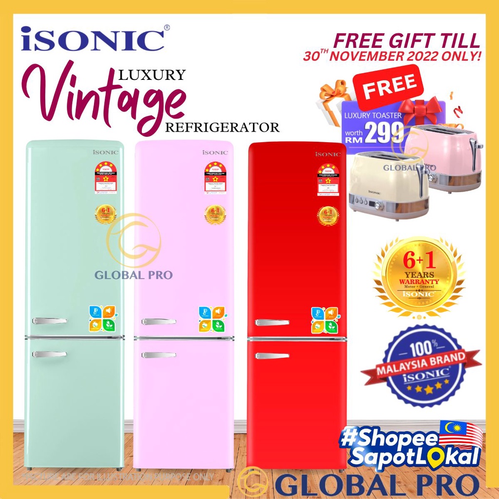 promo spesial [FREE GIFT] ISONIC LUXURY VINTAGE 244L Double Door Vintage Refrigerator Fridge