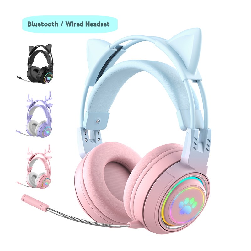 Cute Cat / Deer Ear Pink Headphone RGB Wireless Hifi Headphones Kids Girl Stereo Bluetooth Gaming Headset with Detachable Mic for Phone