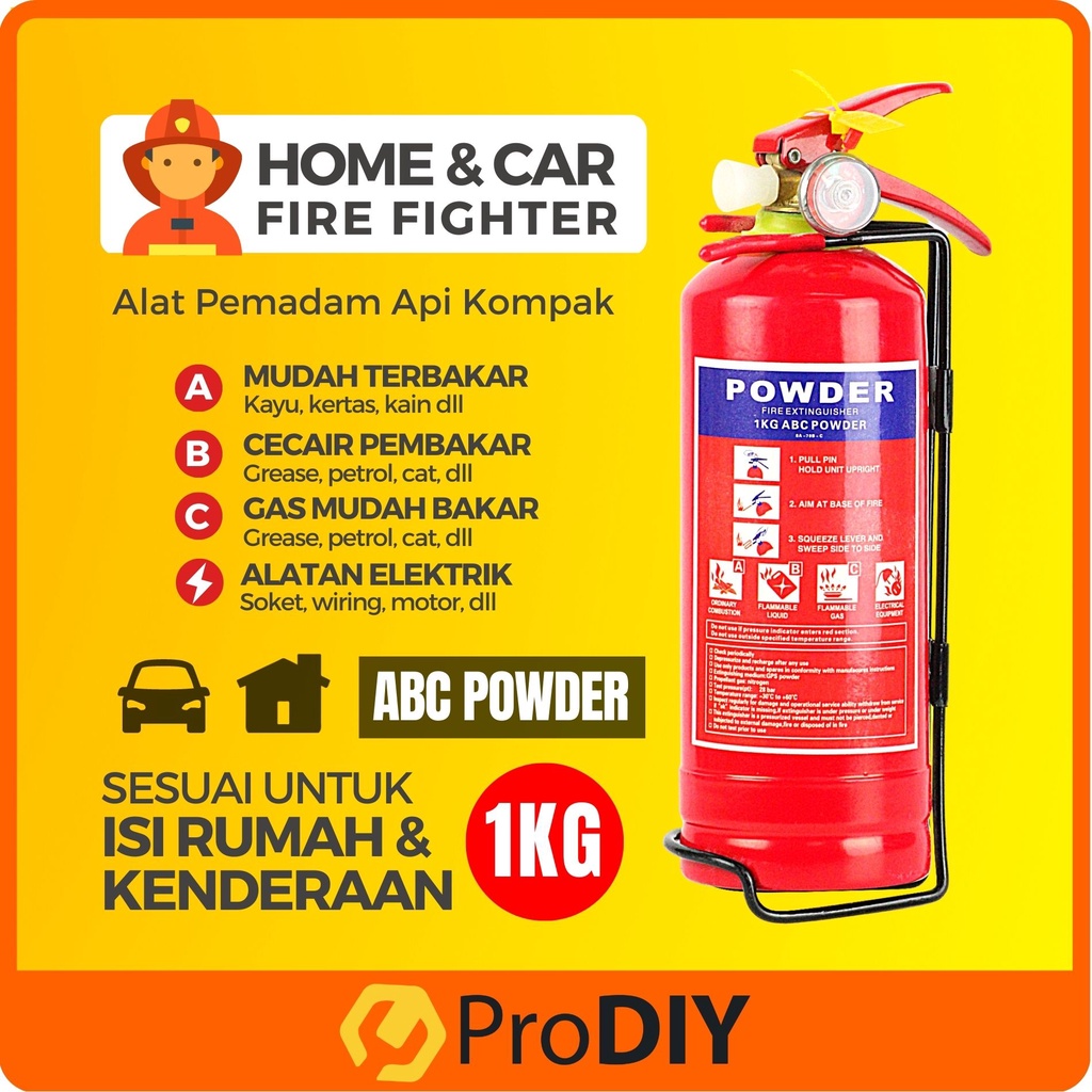 PRODIY Portable Fire Extinguisher 1kg Fire Fighter Alat Pemadam Api Kereta 1kg Mini Fire Extinguisher Car ABC Powder