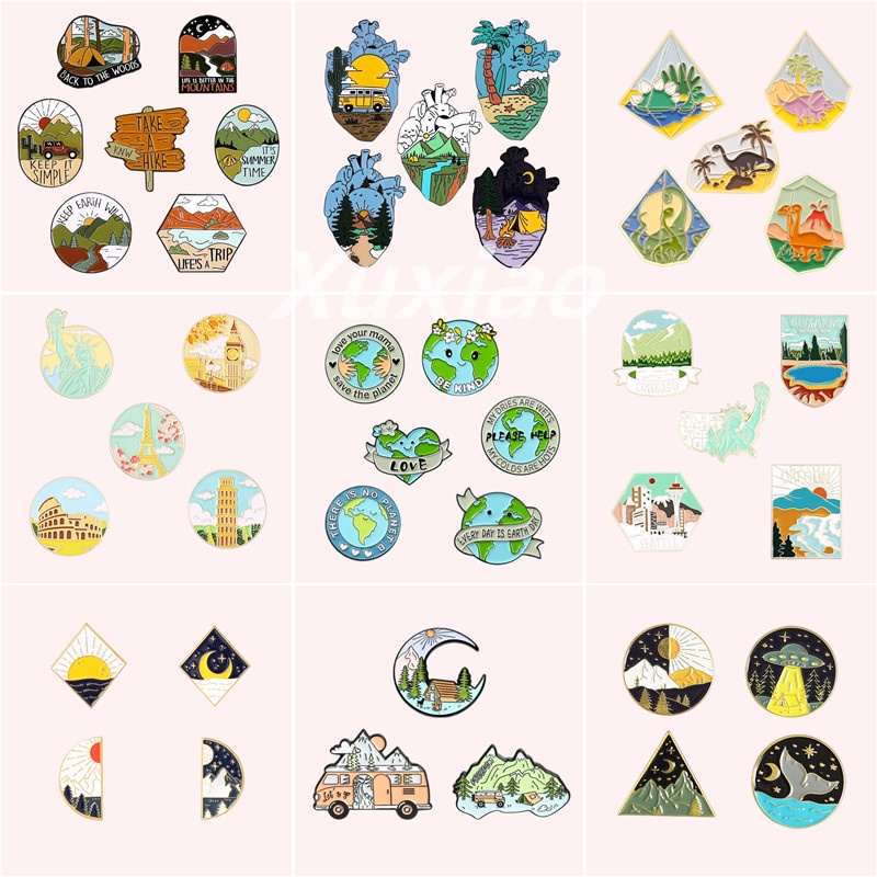 5 Pcs/Set Creative Scenery Enamel Brooch Famous Scenic Spots Mountains and Rivers Enamel Pin Souvenir Backpack Badges Clothing Gifts for Friends