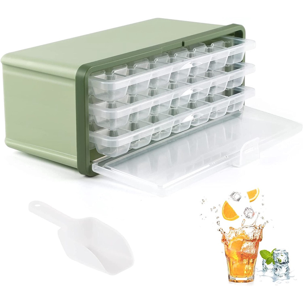 Ice Cube Trays with Lid and Bin, 3 Pack Plastic Ice Cube Tray Molds, Easy-Release 63 Mini Nugget Ice Cube Maker for Freezer, Ice Cube Bucket with Locking Lid and Scoop