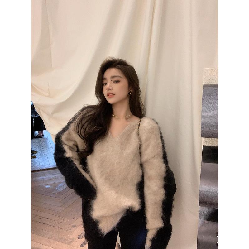 Alpaca Fluffy Fleece Contrast Color Brushed Soft Waxy Style Sweater Women Autumn Winter Design Feel Female Niche