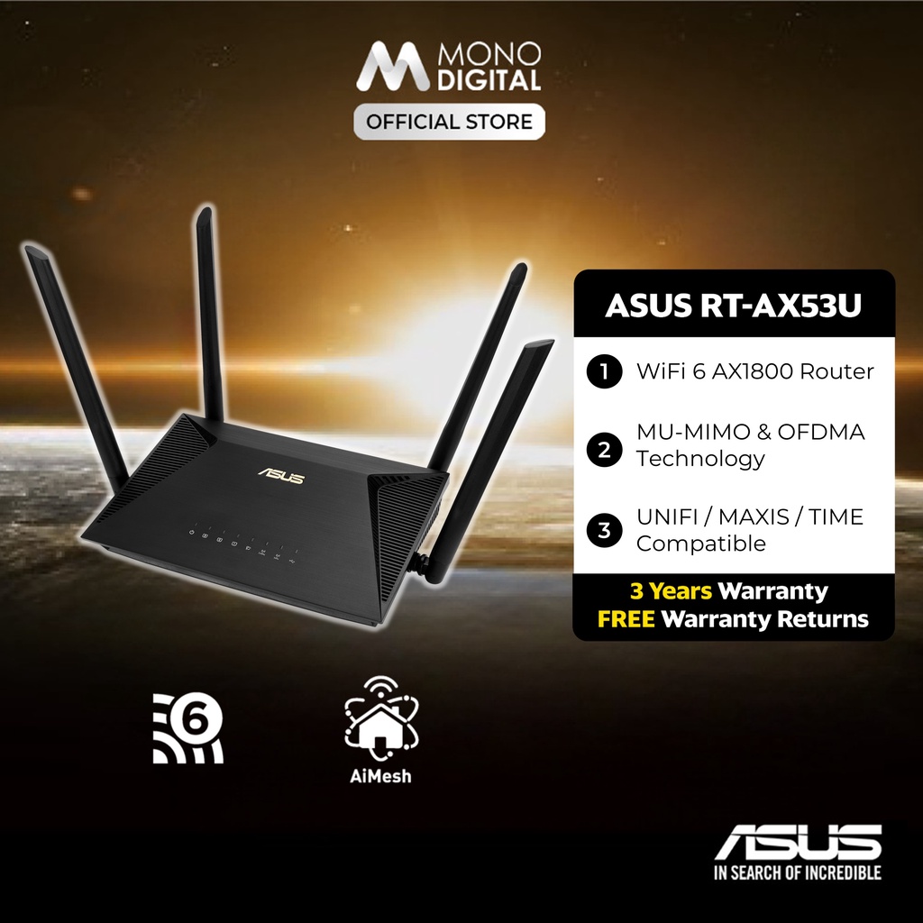 ASUS Router RT-AX53U Dual Band AX1800 WiFi 6 Ai-Mesh Router with MU ...