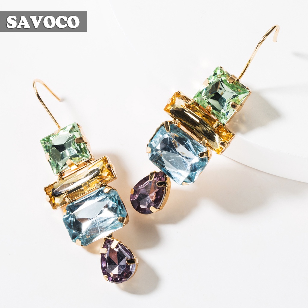 SAVOCO Women Fashion Jewelry BOHO Crystal Dangle Earrings Transparent Glass Multicolor Drop Earrings Girl Birthday Party Gift SE003