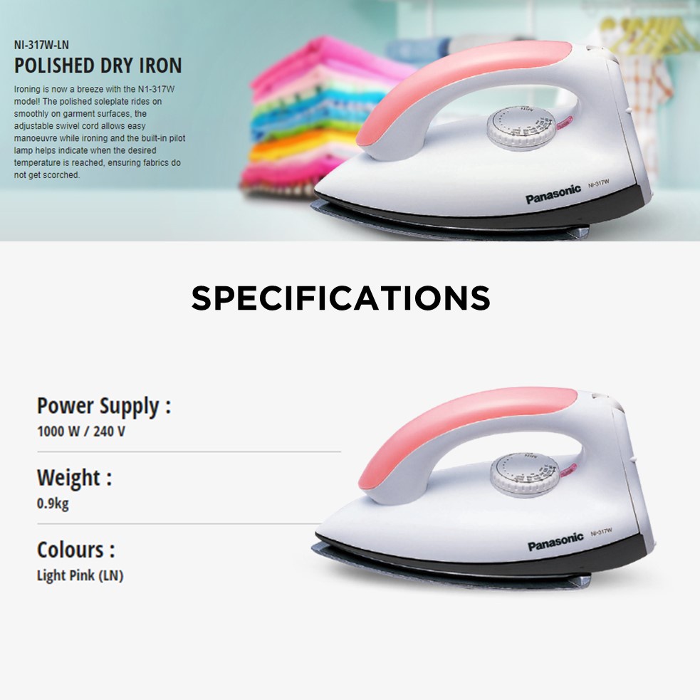 Panasonic NI-317W Polished Iron Lightweight Thermal Cut Off Adjustable Swivel Cord (1000W/0.9kg) NI-317W-LN 熨斗