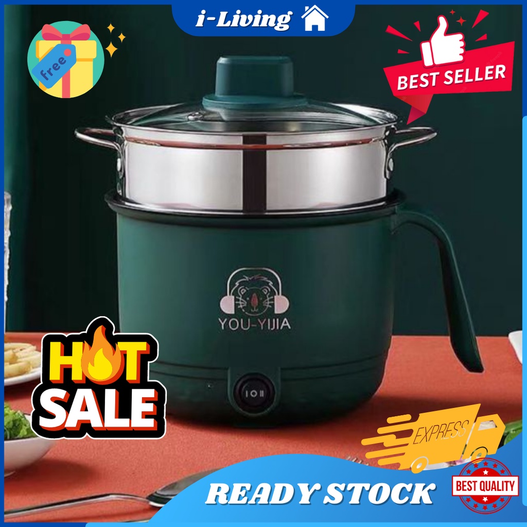 i-Living 1.8L Non Stick Electric Pot /Mini Rice Cooker With Steamer Frying Pan Electric Cooker Cooking Pot Periuk Nasi