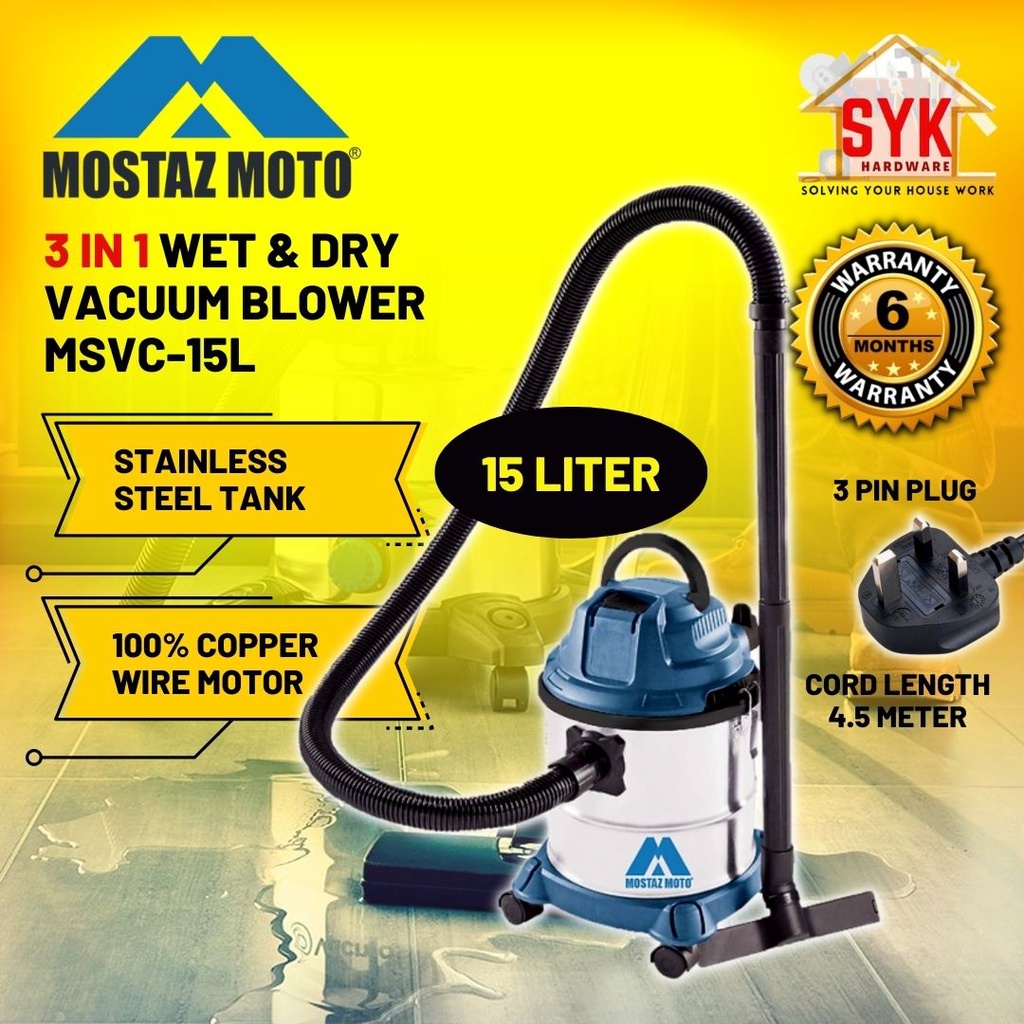 MOSTAZ MOTO MSVC-15L Multi-Function 3IN1 Wet & Dry Vacuum Cleaner / Vacuum + Blower / Vacuum Cleaner (15Liter)