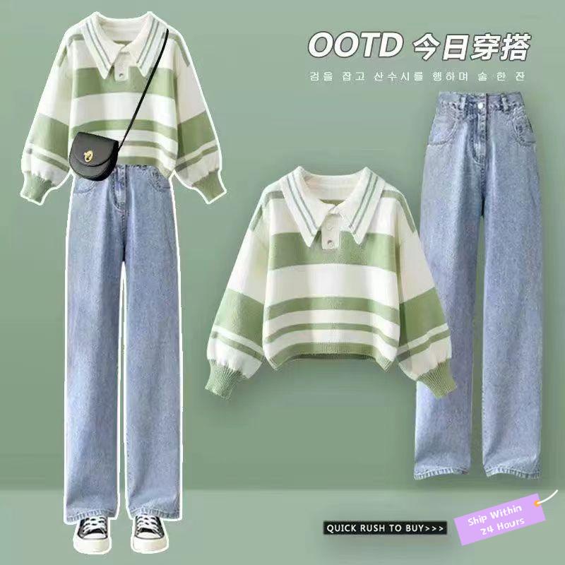 ❀Ready Stock❀ set blouse dan seluar baju wanita korean style 2022 autumn dress complete of female Korean version loose knit POIO neck sweater high waist wide leg jeans two-piece