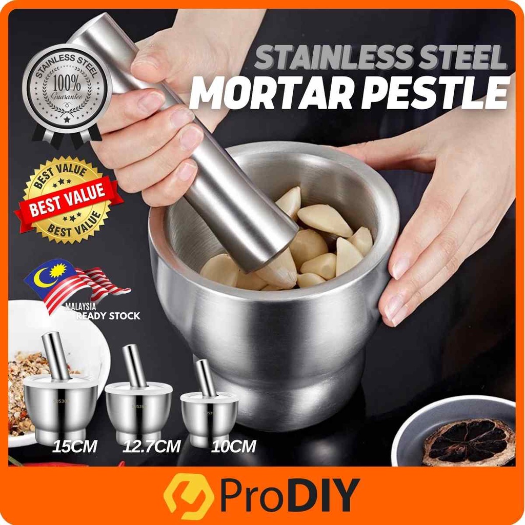 Mortar and Pestle Stainless Steel 304 Detachable Grinder Pounder Powder with Cover Lid / Lesung Batu Besi Berkualiti
