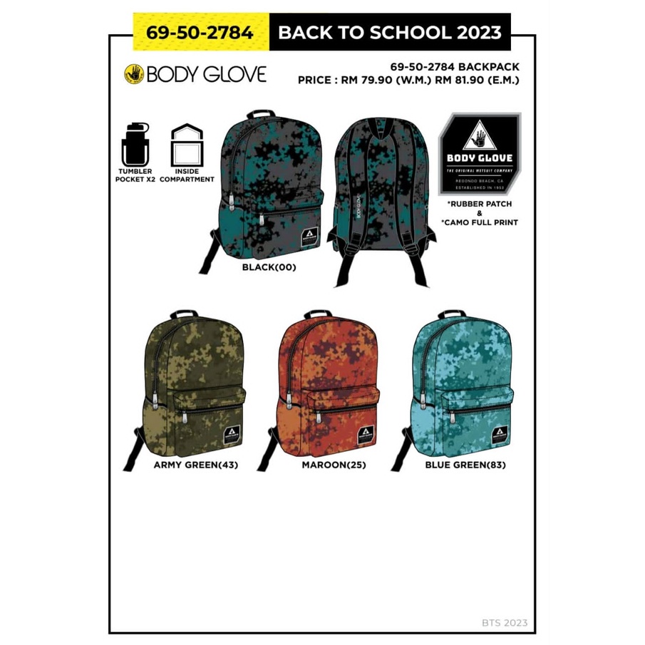 Body Glove Backpack Bag 69502784 Series or Beg Sekolah Jenama Body Glove Terbaru 2023 ORIGINAL