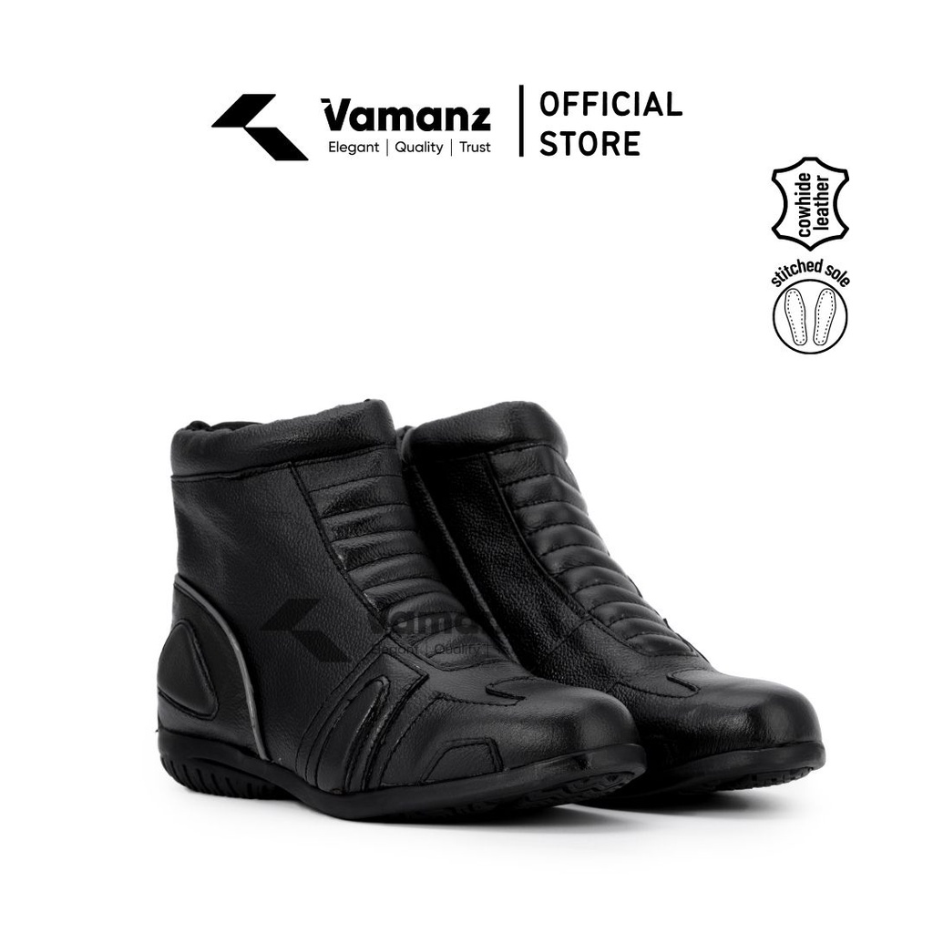 Vamanz Leather Original Cowhide Leather Mid Cut Biker Safety Boots Kasut Motor Kulit Hitam