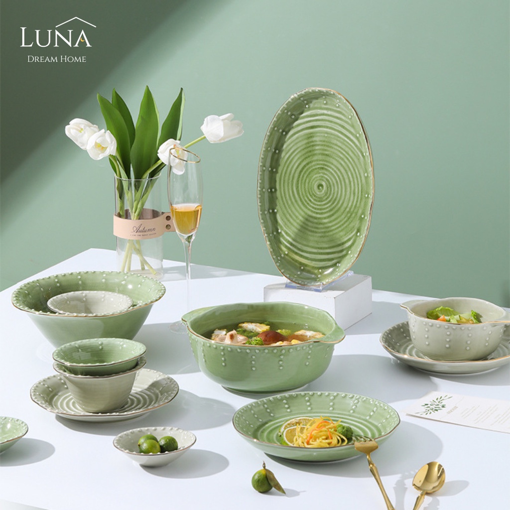 LUNA [Jade Green Dinnerware]Hari Raya Classic Ceramic Plate Bowl Soup Bowl Ins Household Tableware Family Dinnerware Set