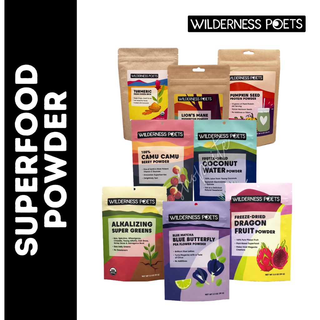Wilderness Poets Alkalizing Super Greens / Blue Butterfly Pea / Dragon Fruit Powder / Coconut Water / Camu Camu/Turmeric