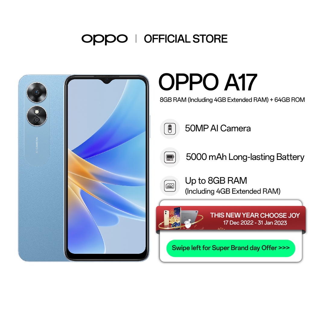 OPPO A17 Smartphone 4GB RAM + 64GB ROM Up to 4GB Expandable Memory