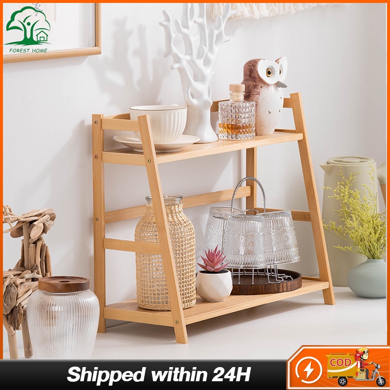 2 Layer Desk Storage Moving Rack Bamboo Wooden Kitchen Storage Box File Rack Desk Organizer