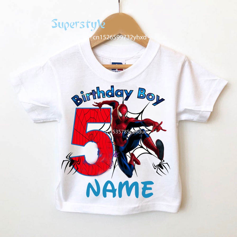 2 3 4 5 6 7 8 9 Year Boys Birthday Marvel Spiderman Shirts Summer Custom Name Birthday Boy T-shirt Super Hero Party Kids Clothes