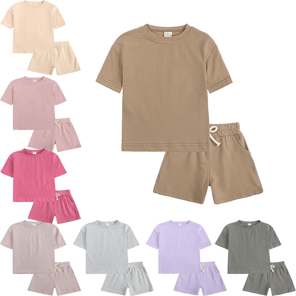 Kids Tales Litlle Kids Boys Girls Summer Clothes Set Teen Cotton Short Sleeve Top T-Shirt + Shorts 2Piece Solid Outfits Children Tracksuit